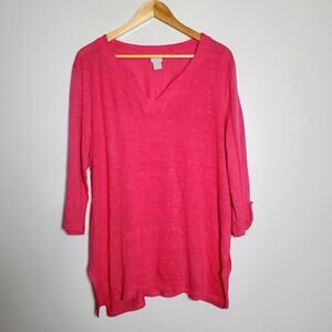 Chico's 100% Linen hot pink long length oversized tunic top Size Large